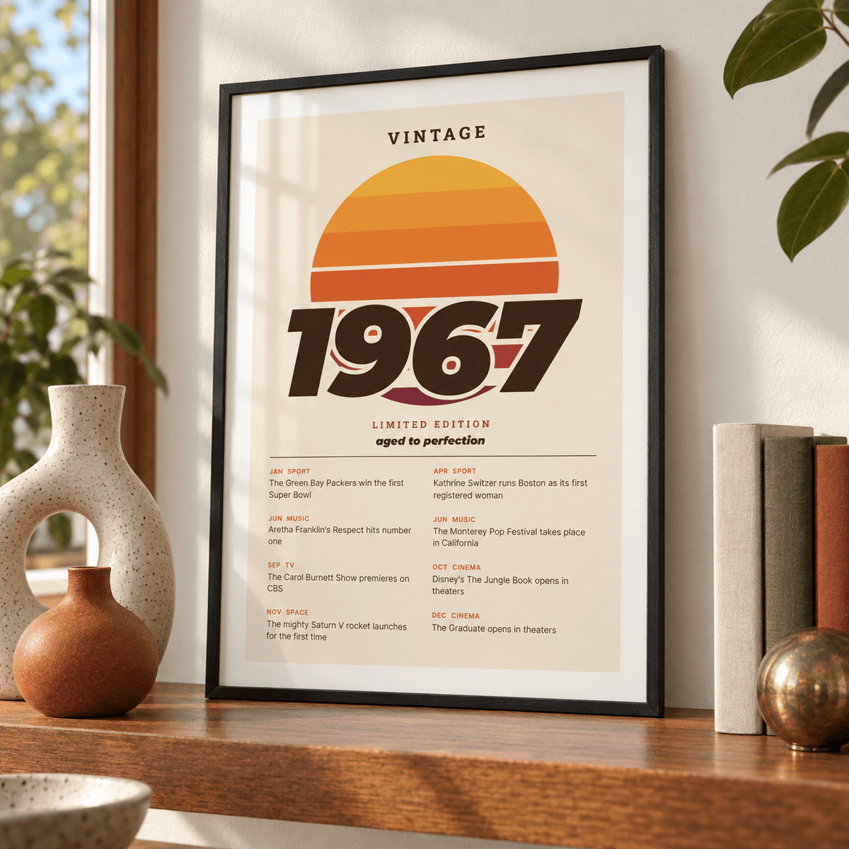 Retro sunset print with 1967 in italic lettering in a calm room setting