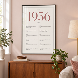 Cream and dusty rose 1956 birth year print in a calm room setting