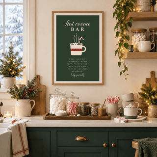 Festive cocoa toppings print in a farmhouse kitchen at Christmas