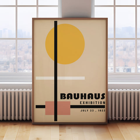 Geometric Bauhaus poster with a yellow circle and black lines for minimalist living room decor.