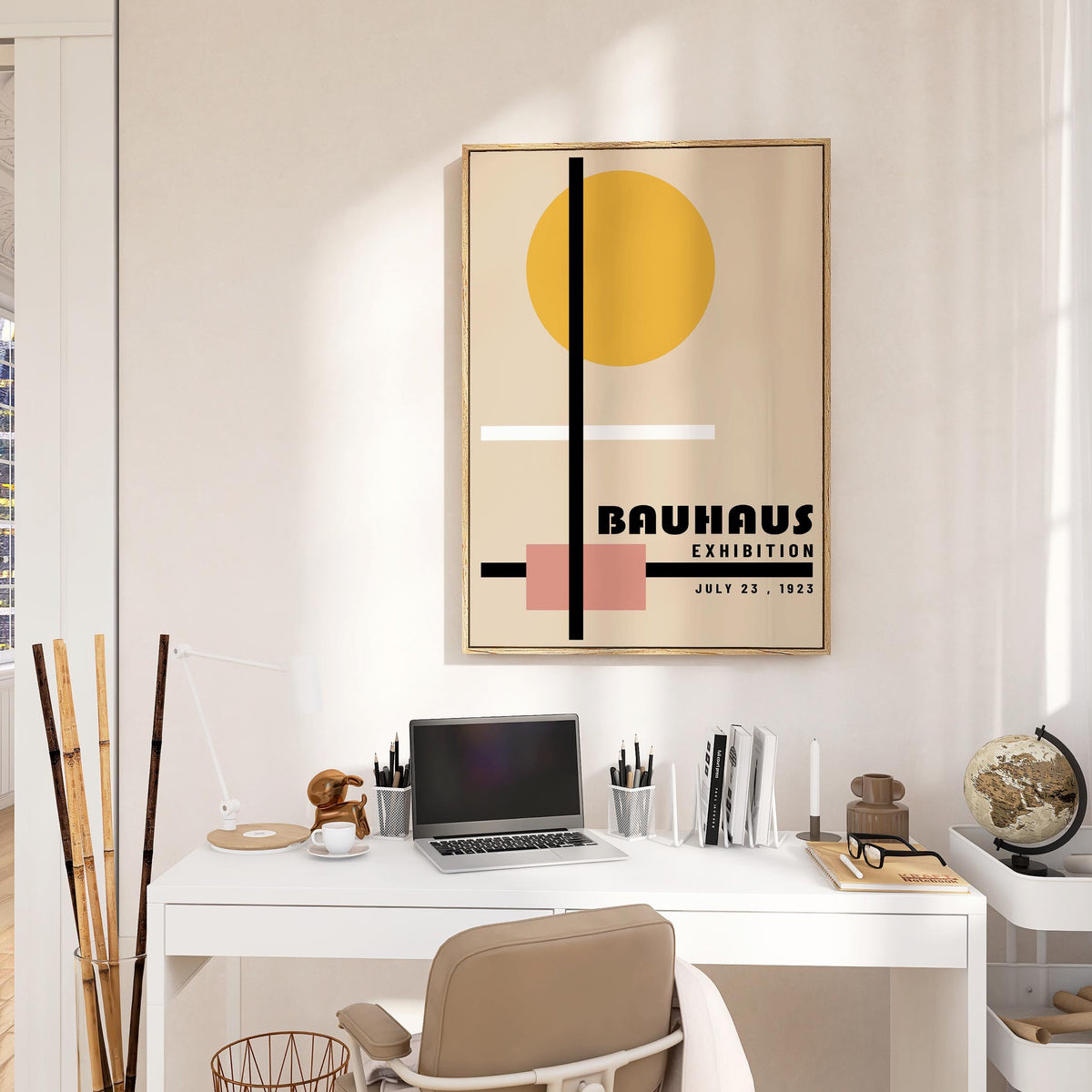 Bauhaus office prints for minimalist workspace with bold color pop