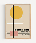 Geometric Bauhaus poster with a yellow circle and black lines for minimalist living room decor.