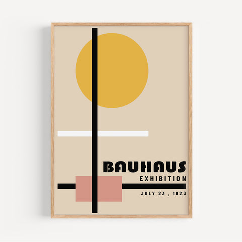 Geometric Bauhaus poster with a yellow circle and black lines for minimalist living room decor.