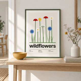 Meadow of cornflowers poppies and daisies above a console in a hallway