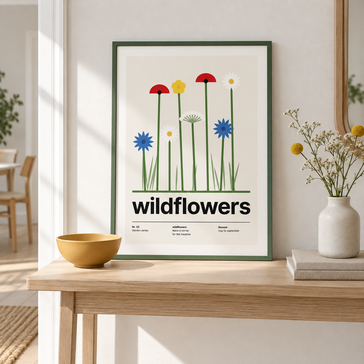 Meadow of cornflowers poppies and daisies above a console in a hallway