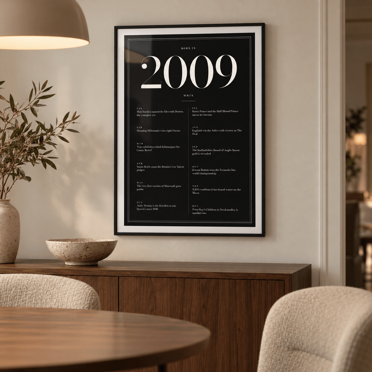 Black and ivory 2009 birth year print in a calm room setting