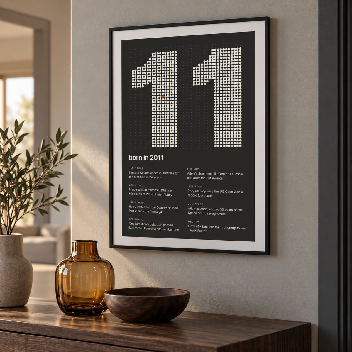 Charcoal halftone print of the year 2011 in a calm room setting