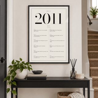 White and black 2011 birth year print in a calm room setting