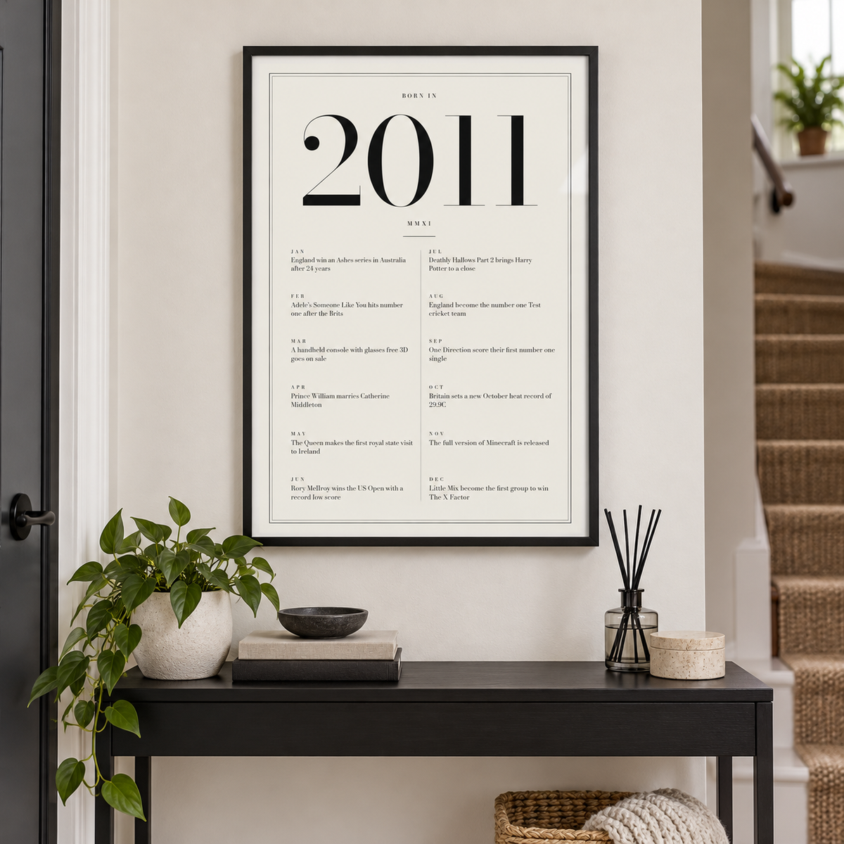 White and black 2011 birth year print in a calm room setting