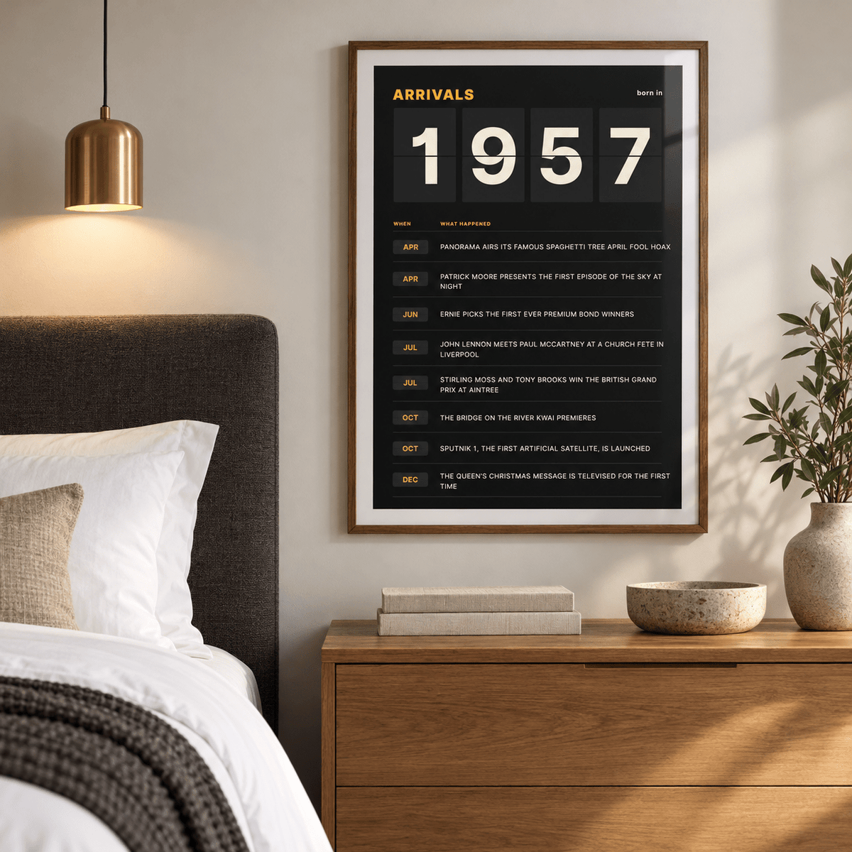 Arrivals board print with 1957 on flap tiles in a calm room setting