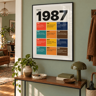 Colourful month by month print of 1987 in a calm room setting