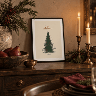 Drawn Christmas tree print on cream in a dining room sideboard at Christmas