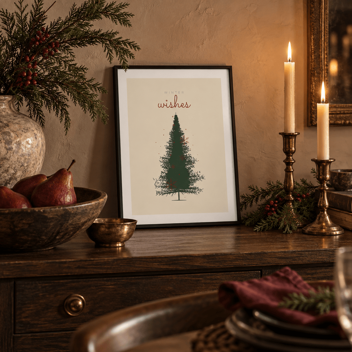 Drawn Christmas tree print on cream in a dining room sideboard at Christmas