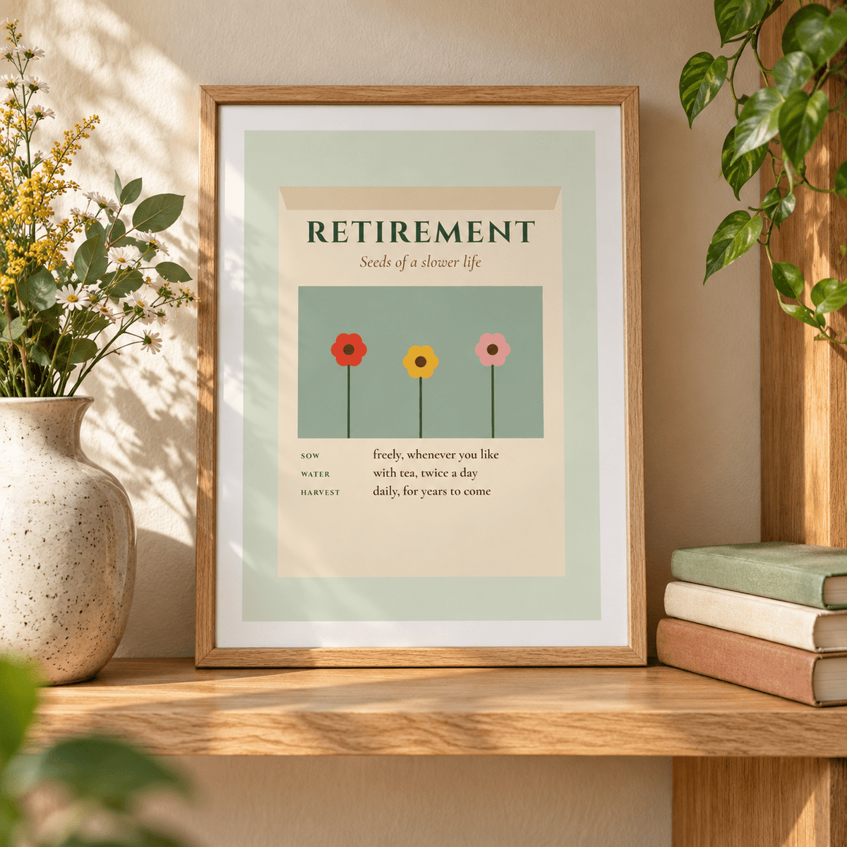 Vintage seed packet print on a shelf beside potted plants