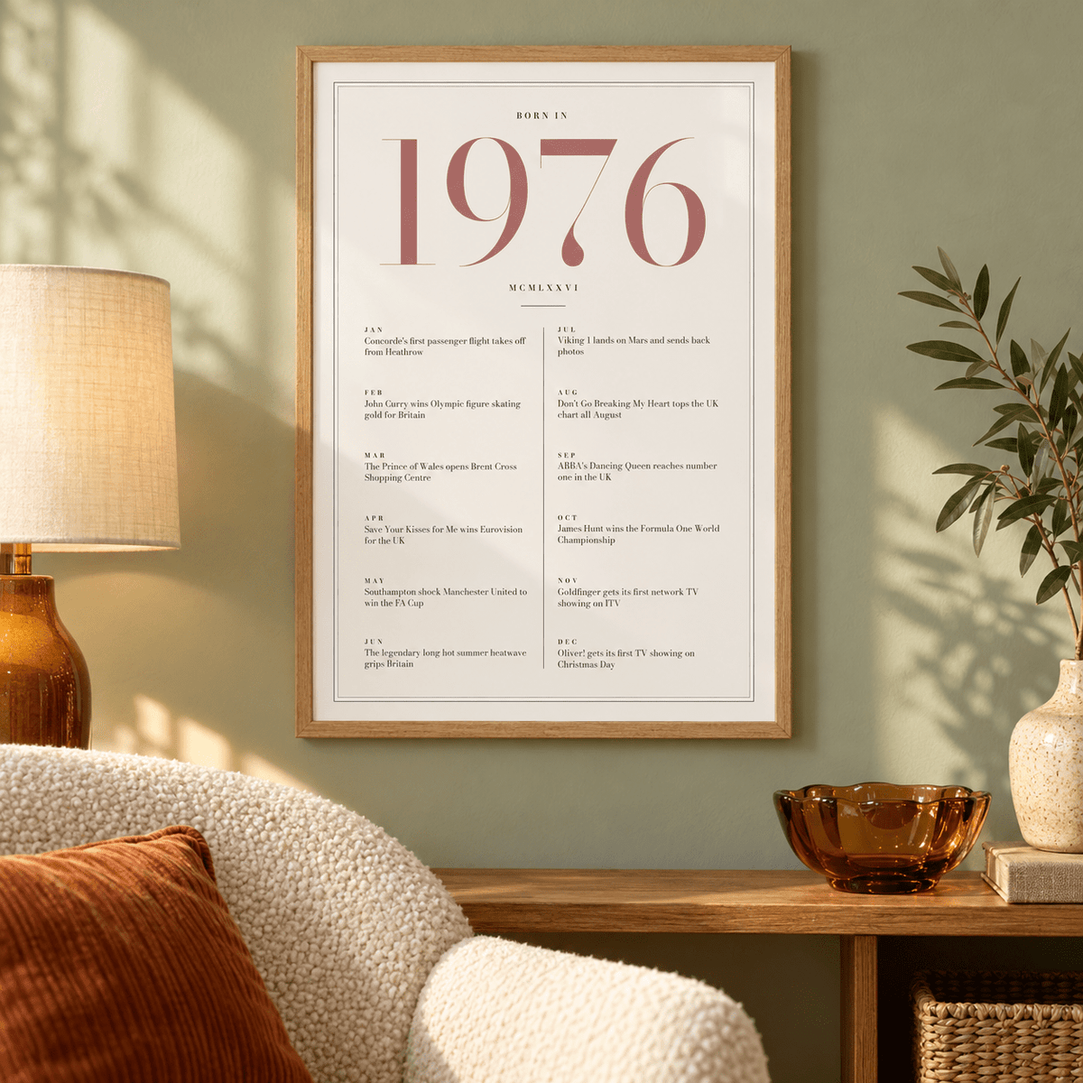 Cream and dusty rose 1976 birth year print in a calm room setting