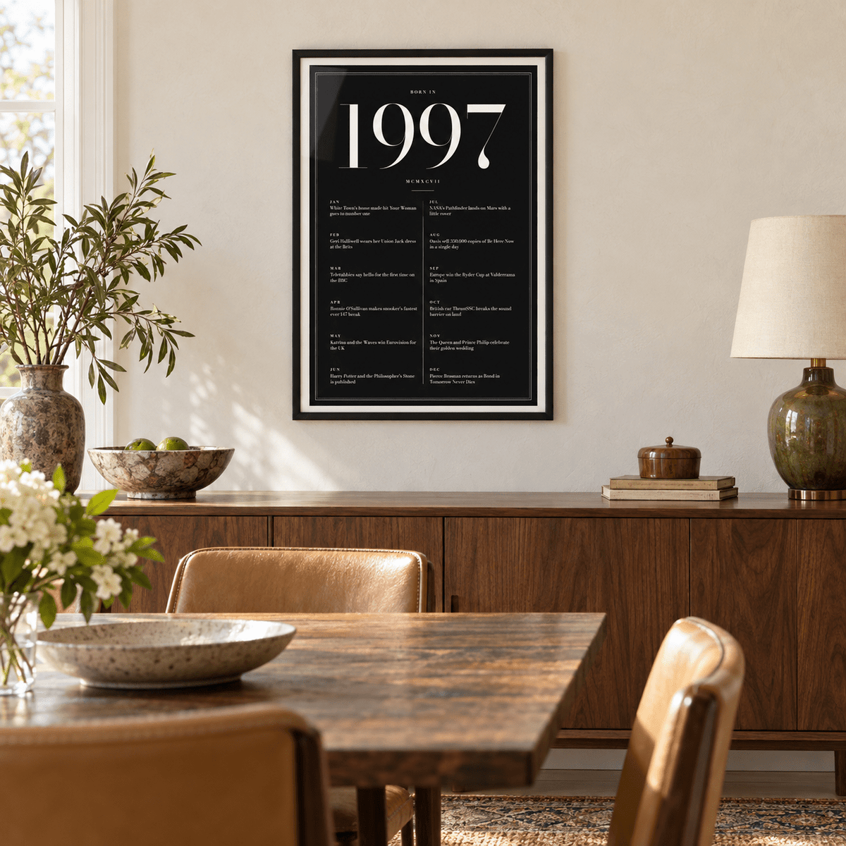 Black and ivory 1997 birth year print in a calm room setting