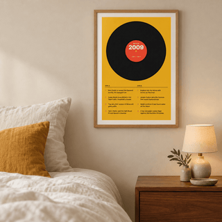 Black vinyl record print with a 2009 label in a calm room setting