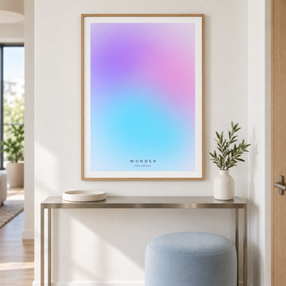 Pastel violet and cyan gradient print in an entryway