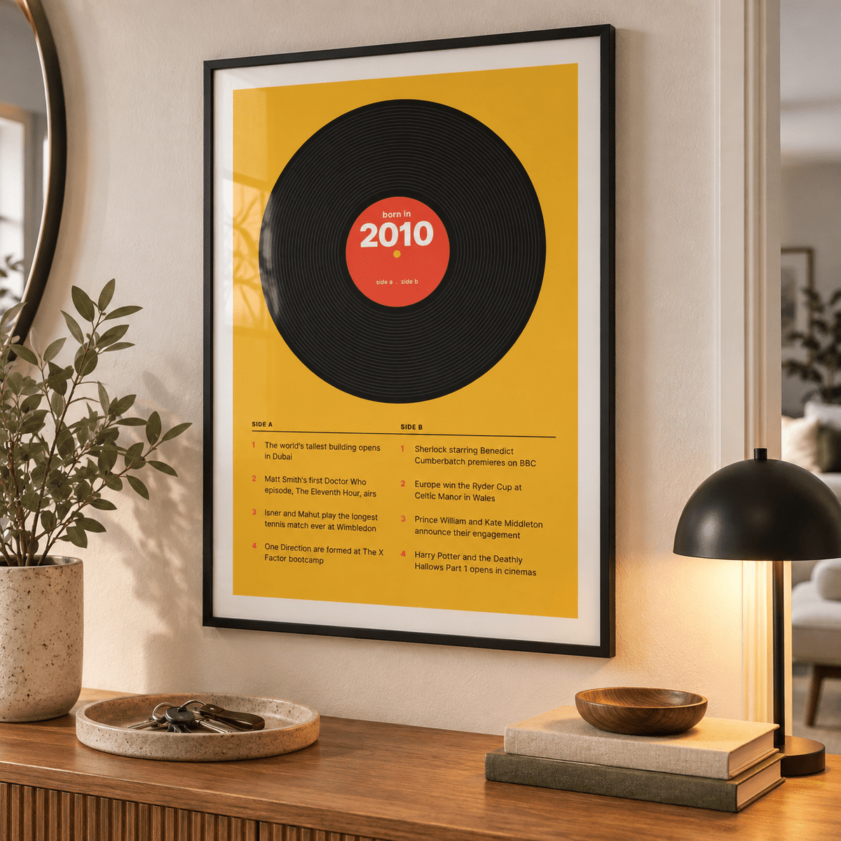 Black vinyl record print with a 2010 label in a calm room setting