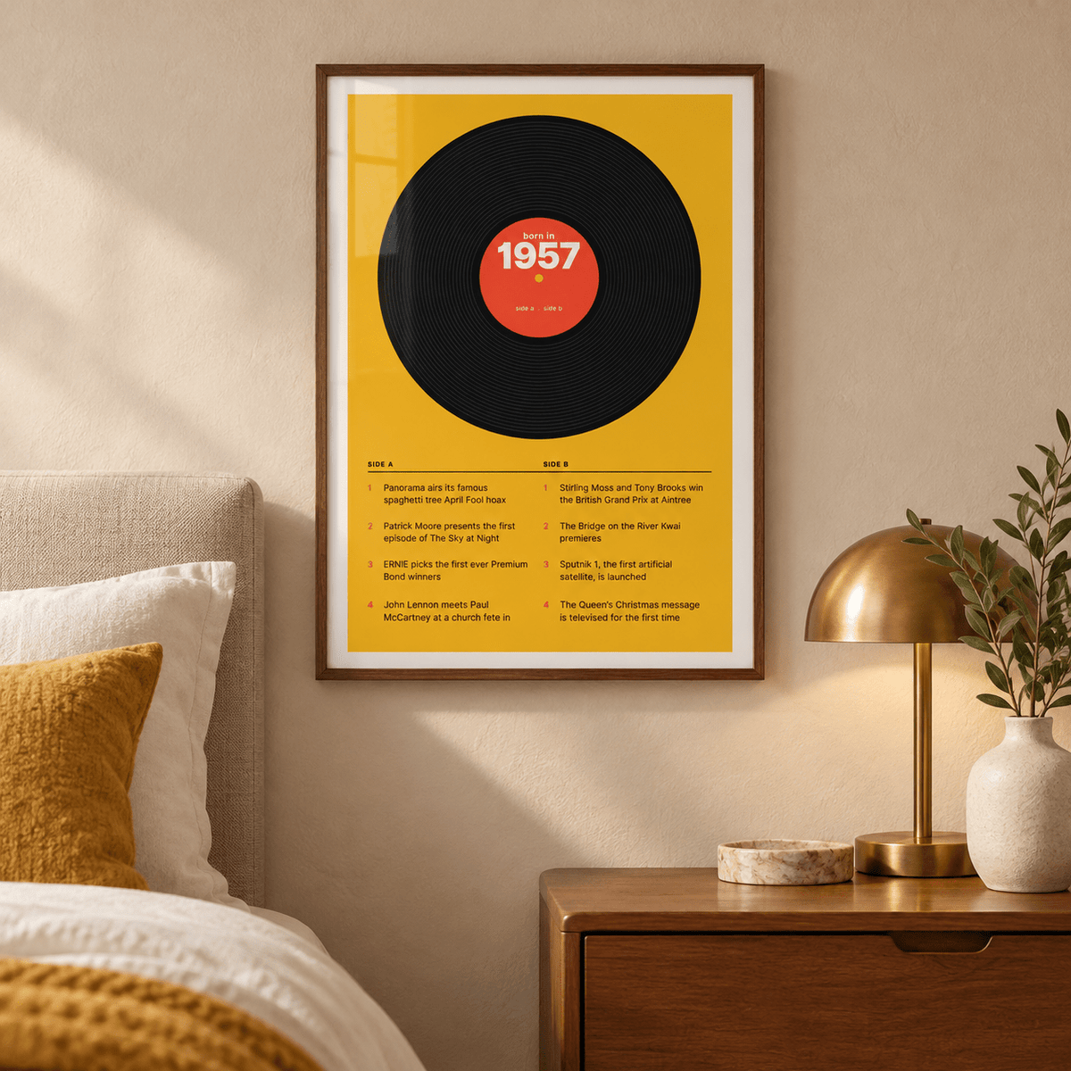 Black vinyl record print with a 1957 label in a calm room setting