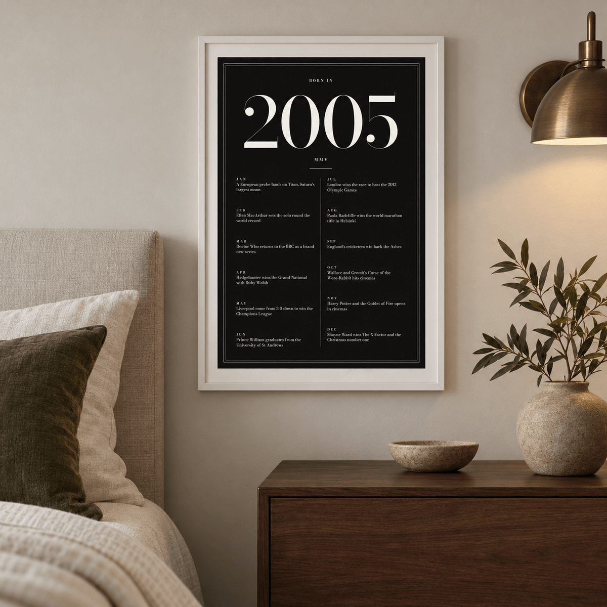 Black and ivory 2005 birth year print in a calm room setting