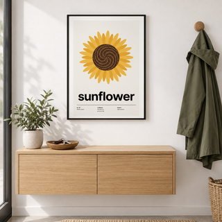 Golden sunflower with spiral seeds above a console in a bright entryway