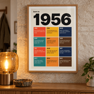 Colourful month by month print of 1956 in a calm room setting