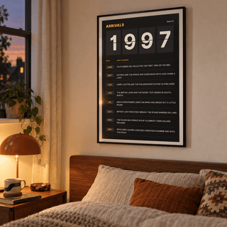 Arrivals board print with 1997 on flap tiles in a calm room setting