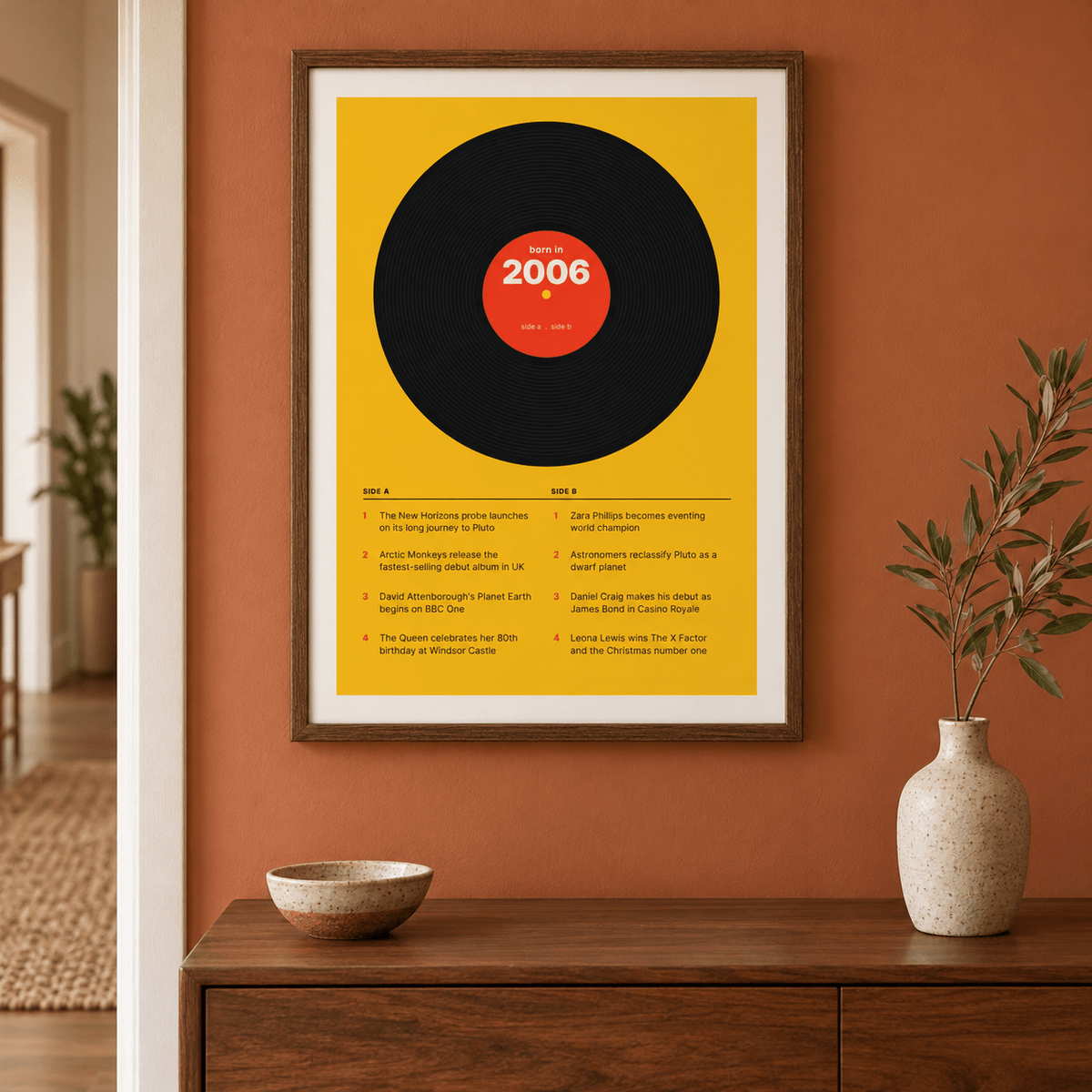 Black vinyl record print with a 2006 label in a calm room setting