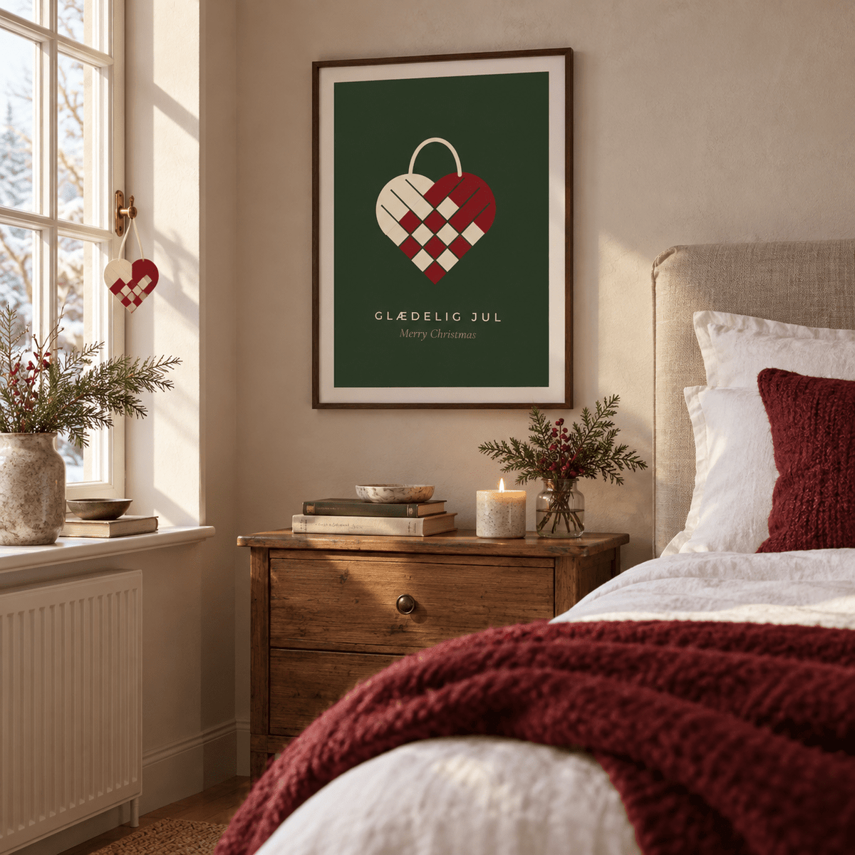 Danish woven heart print in a guest bedroom at Christmas