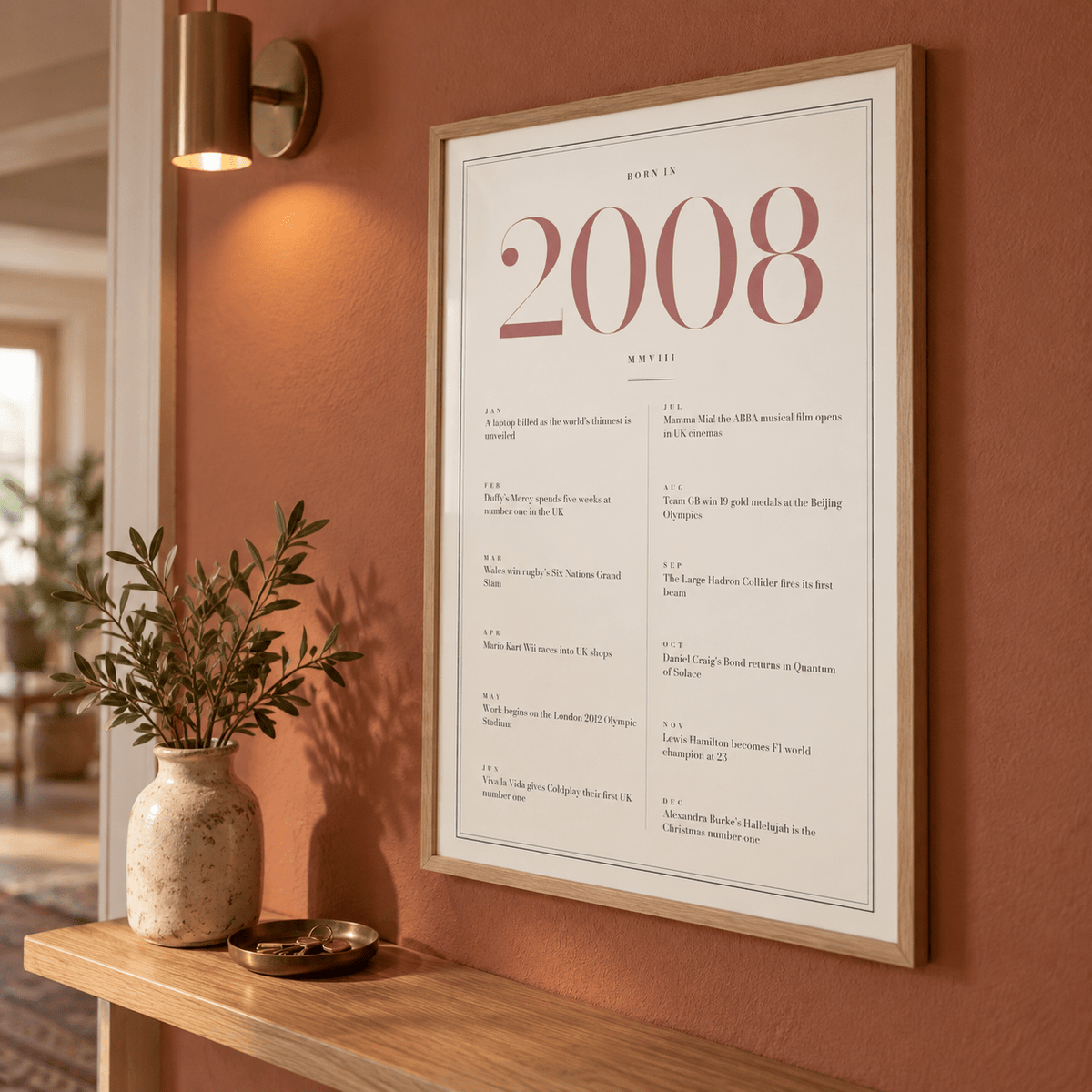 Cream and dusty rose 2008 birth year print in a calm room setting