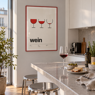 Swiss style red wine glasses print in a kitchen island against a grey wall