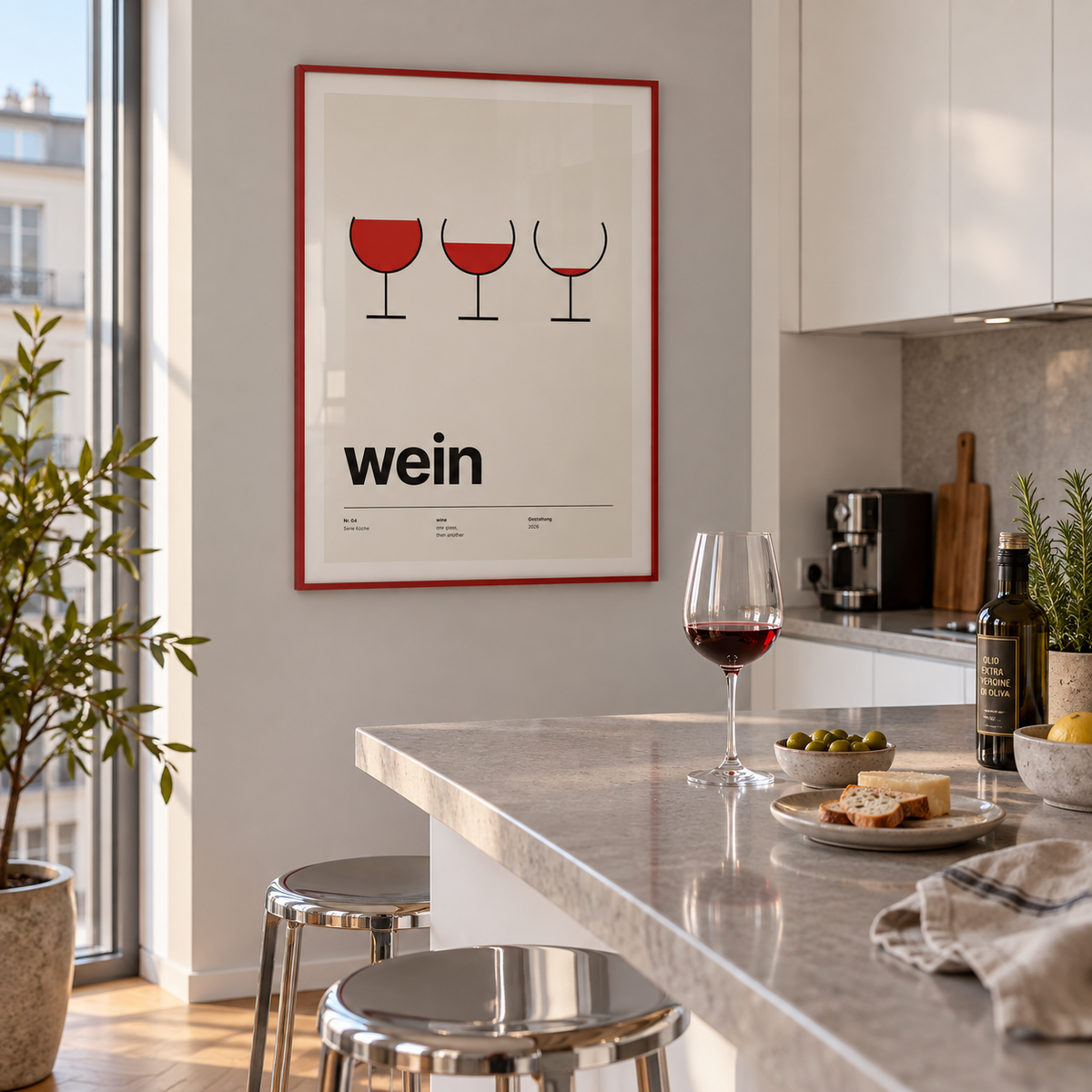 Swiss style red wine glasses print in a kitchen island against a grey wall