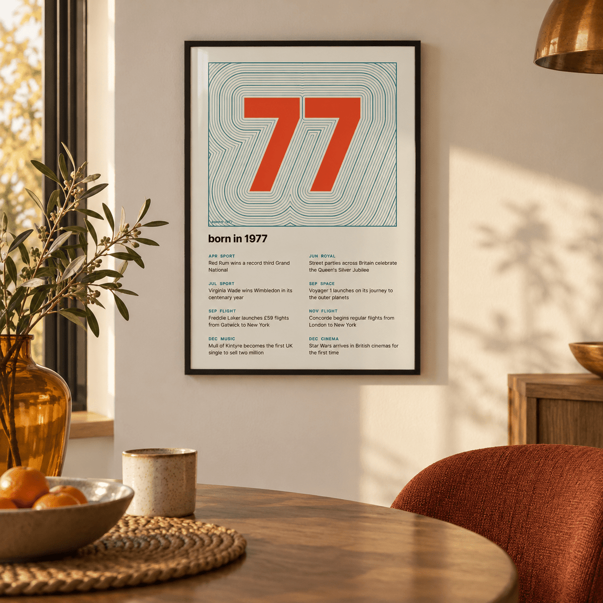 Teal contour line print with a vermilion 1977 in a calm room setting