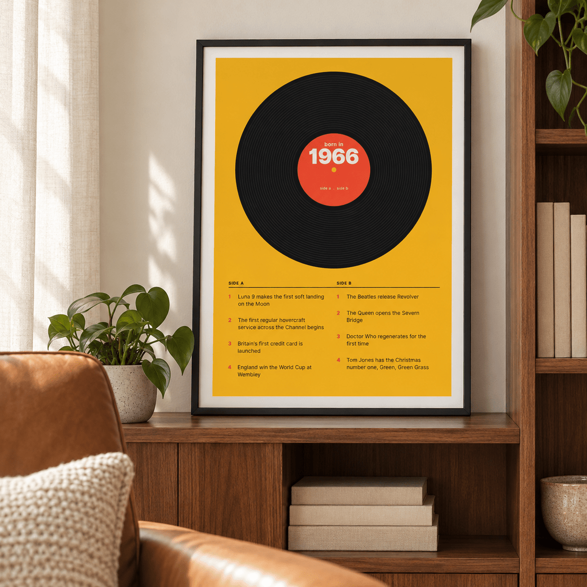 Black vinyl record print with a 1966 label in a calm room setting