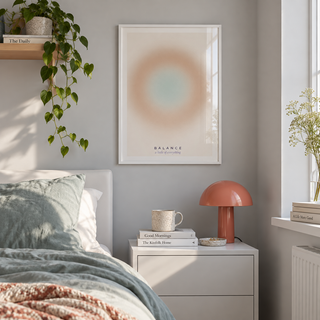 Neutral beige halo gradient print in a bedroom against a grey wall