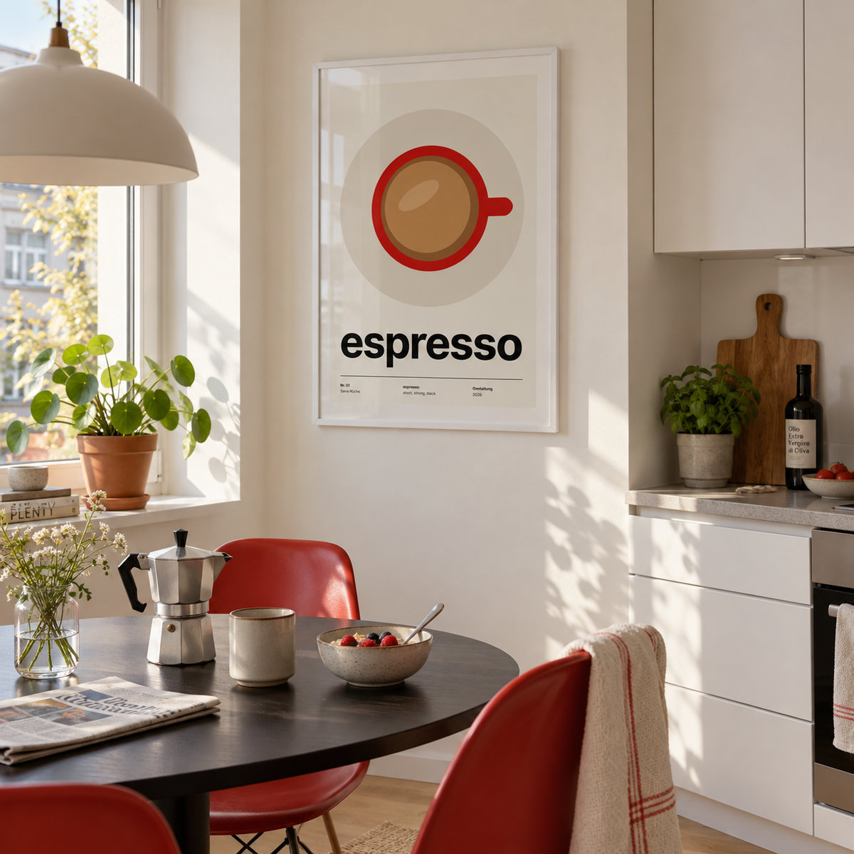 Espresso cup seen from above print in a cream breakfast nook
