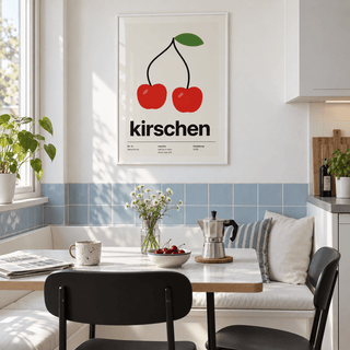 Cherries on joined stems print in a breakfast nook against a blue wall