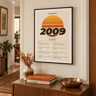 Retro sunset print with 2009 in italic lettering in a calm room setting