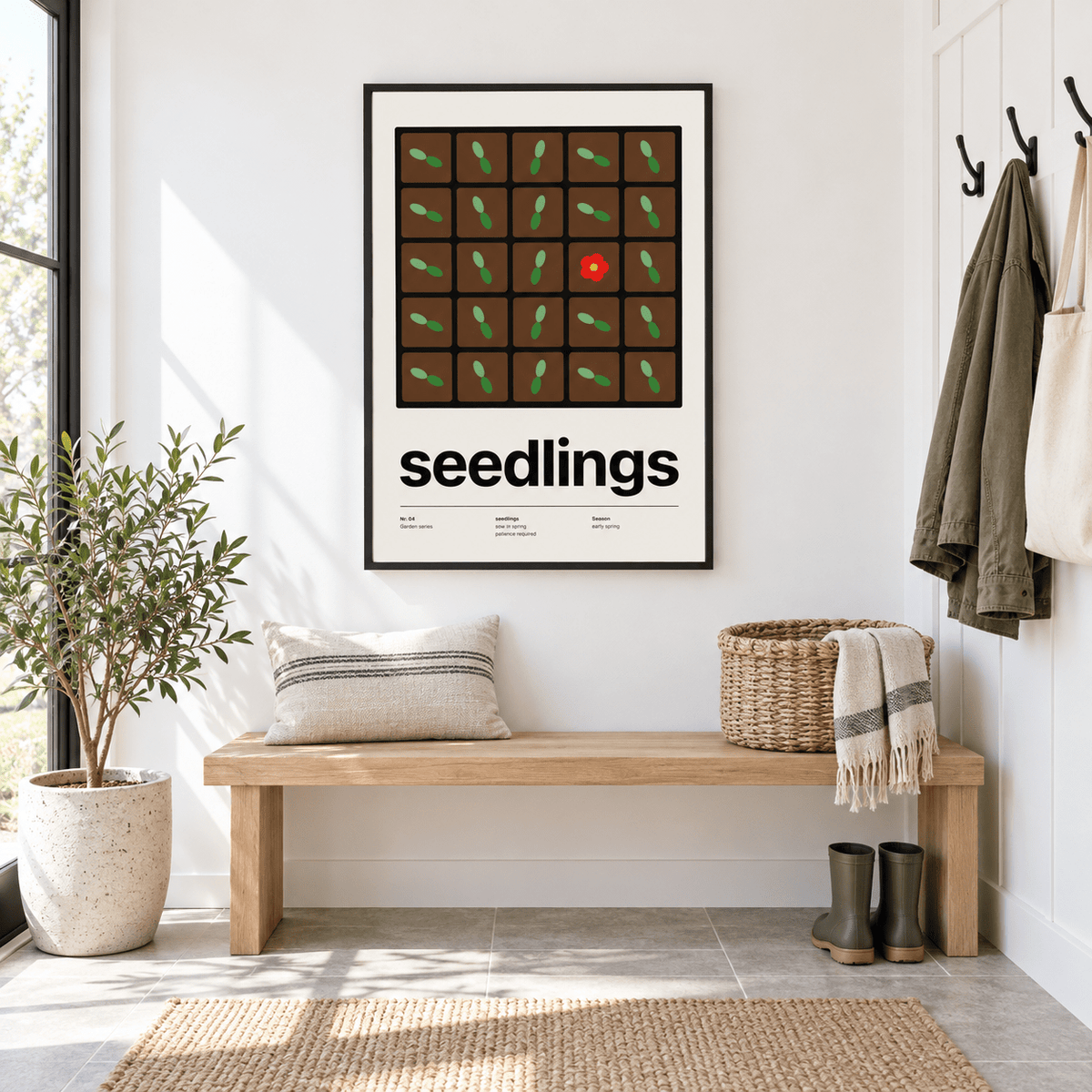 Tray of seedlings from above in a mudroom beside the garden door