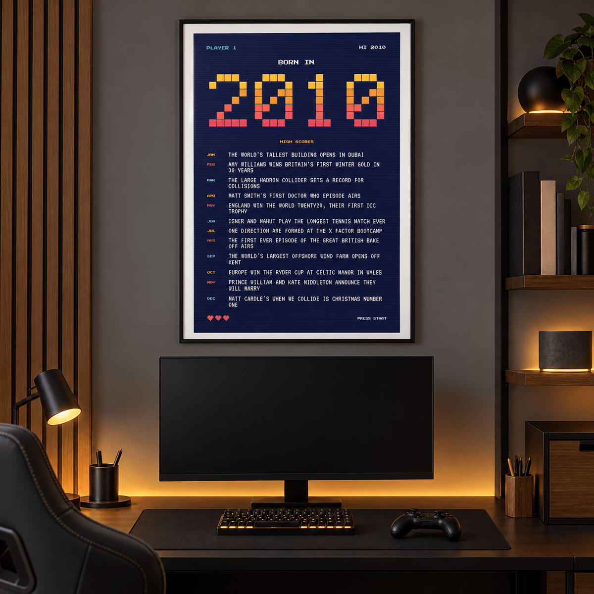 Eight bit 2010 high score print in a calm room setting