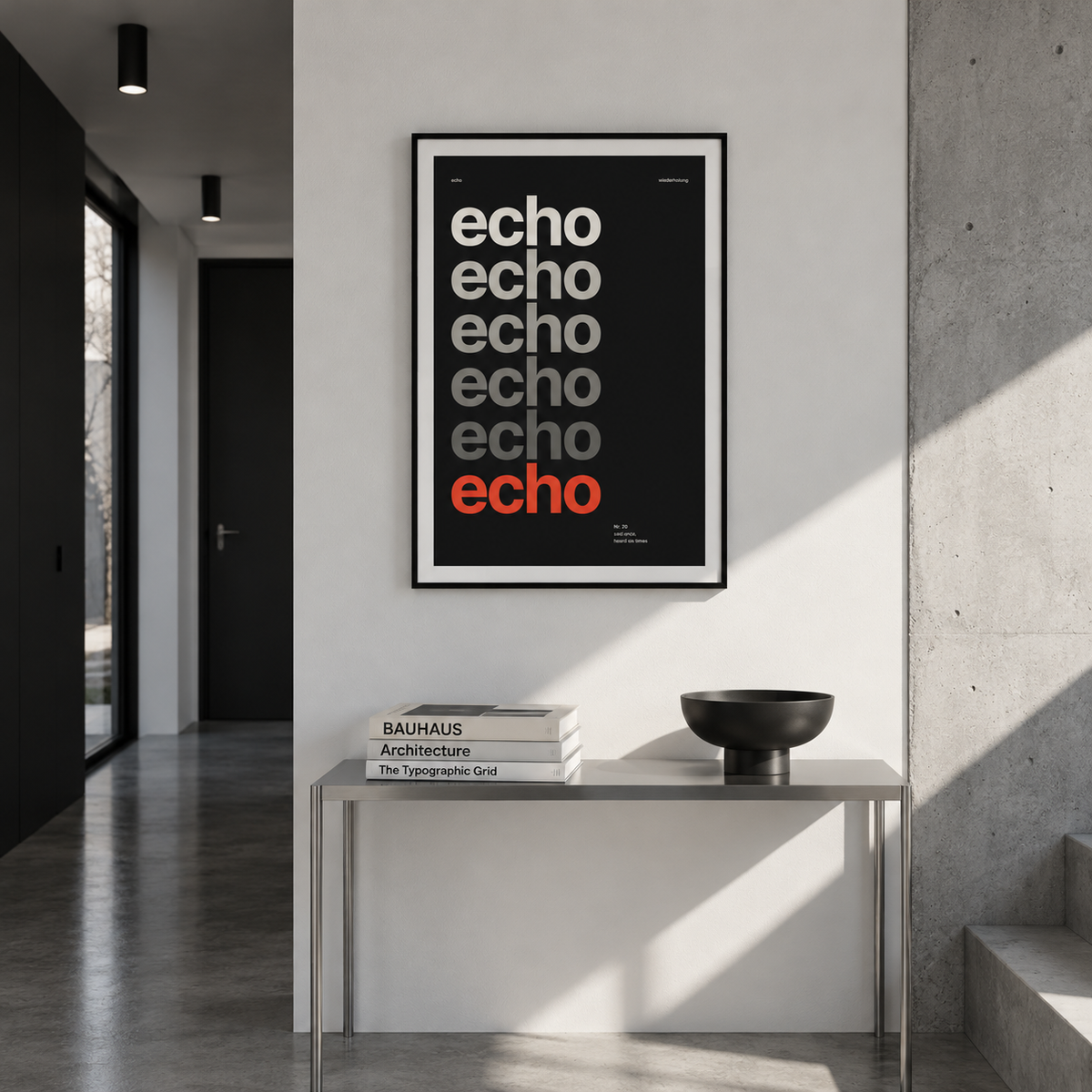 Echo typography fading to red print above a console table in a hallway
