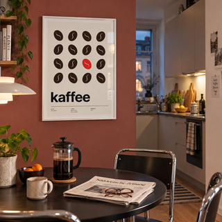 Swiss style coffee bean print in a dusty dining against a red wall