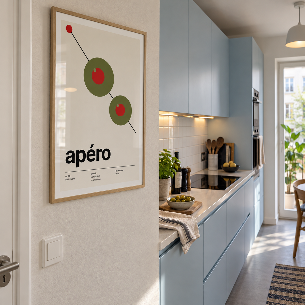 Swiss style apero olive print in a galley kitchen against a blue wall
