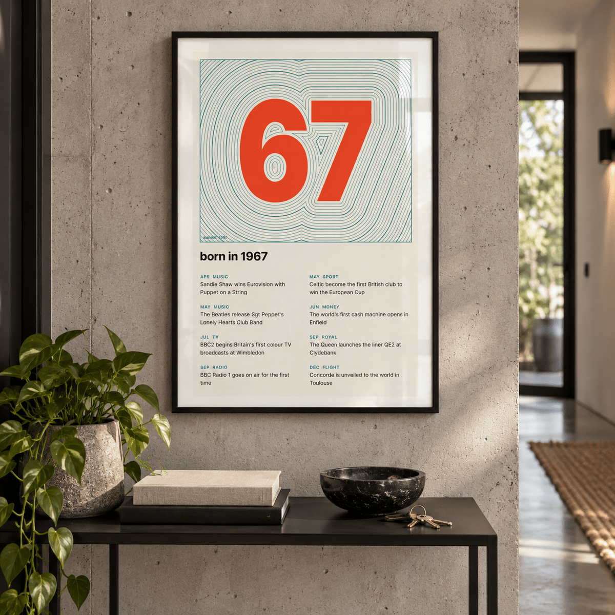Teal contour line print with a vermilion 1967 in a calm room setting