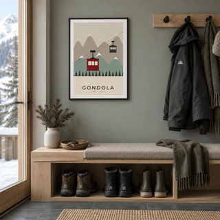 Retro cable car print in an entryway at Christmas