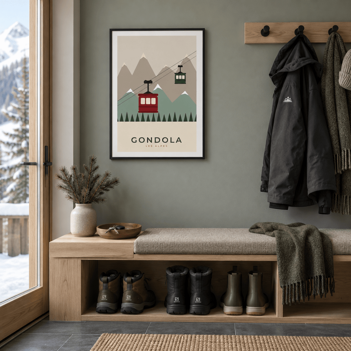 Retro cable car print in an entryway at Christmas