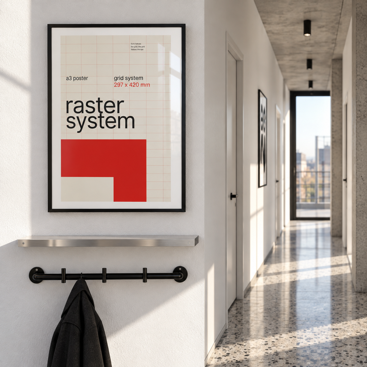 Modernist grid print with red block above a console table in a hallway