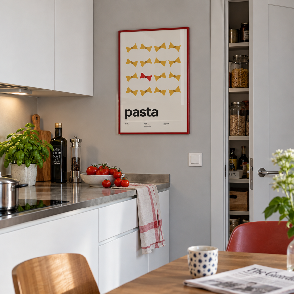 Yellow bow tie pasta print with one red in a pantry against a grey wall