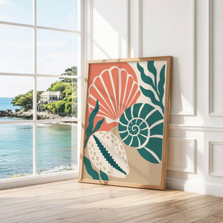 Coral scallop and teal spiral shell leaning by a bright window with a sea view